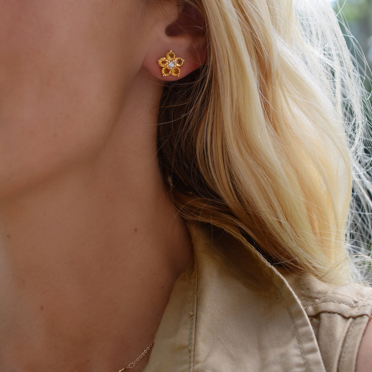 Greenwich Flower Citrine & Diamond Necklace and Earrings Set in 14k Gold (November)
