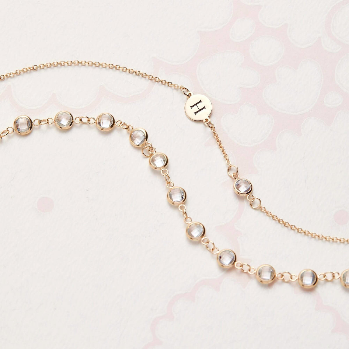 1 Letter & 1 Petite Birthstone Necklace in 14k Gold (Single Spacing)