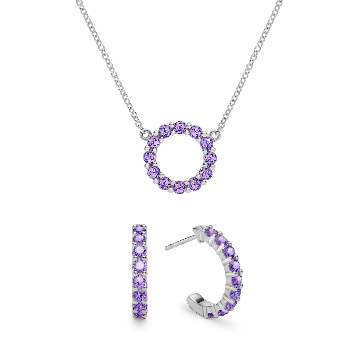 Rosecliff Small Circle Amethyst Necklace and Huggie Hoop Earrings Set in 14k Gold (February)