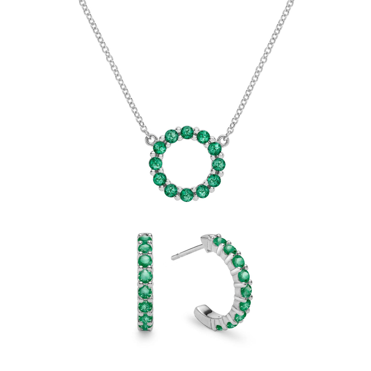 Rosecliff Small Circle Emerald Necklace and Huggie Hoop Earrings Set in 14k Gold (May)