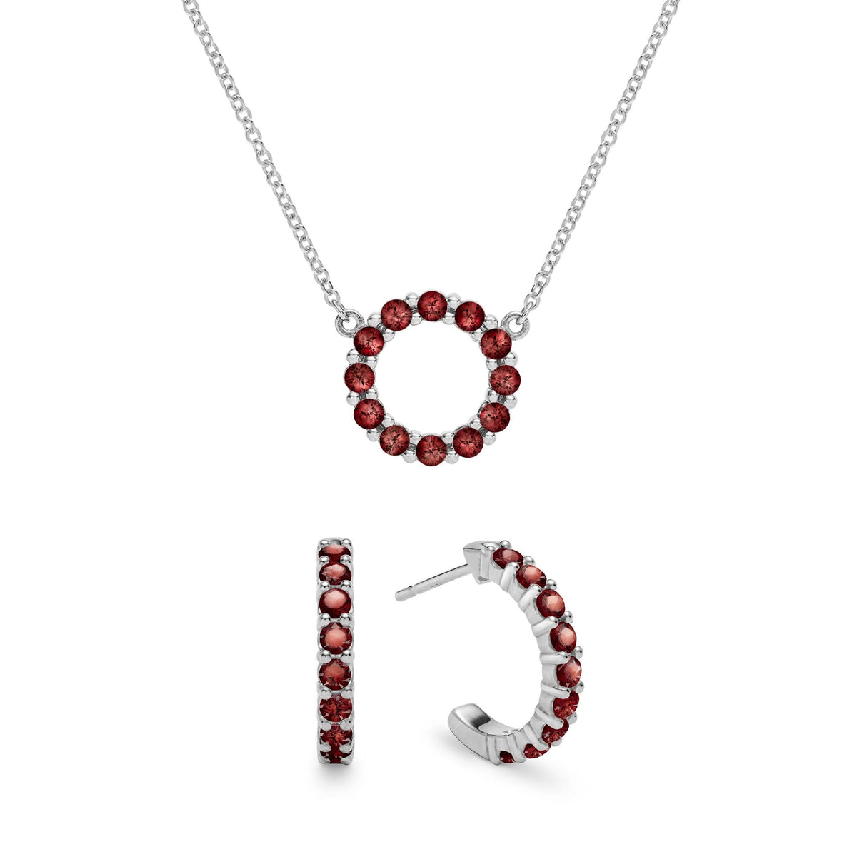 Rosecliff Small Circle Garnet Necklace and Huggie Hoop Earrings Set in 14k Gold (January)