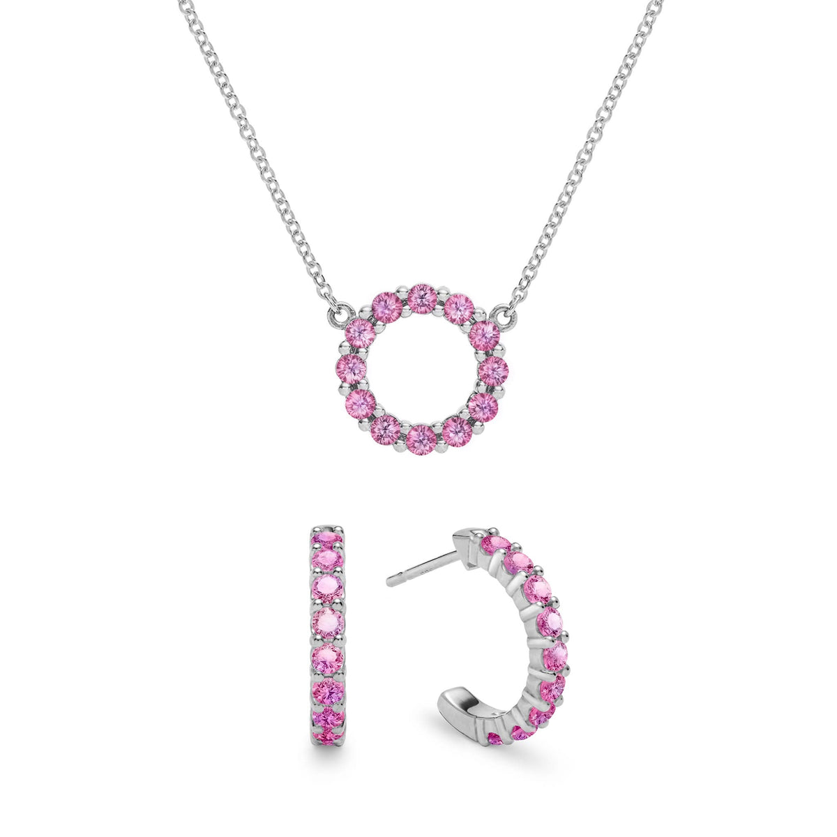 Rosecliff Small Circle Pink Sapphire Necklace and Huggie Hoop Earrings Set in 14k Gold (October)