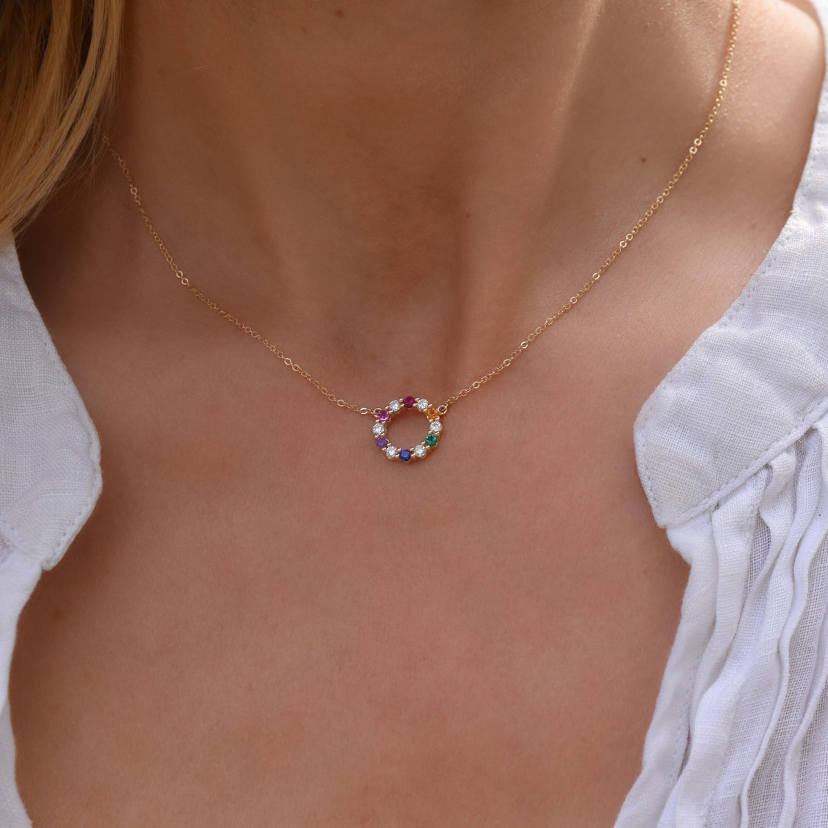 Rainbow Rosecliff Small Circle Necklace with Diamonds in 14k Gold