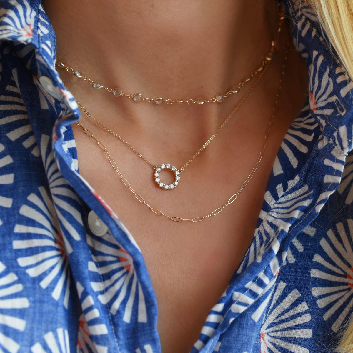 Rosecliff Small Circle White Topaz Necklace and Huggie Hoop Earrings Set in 14k Gold (April)