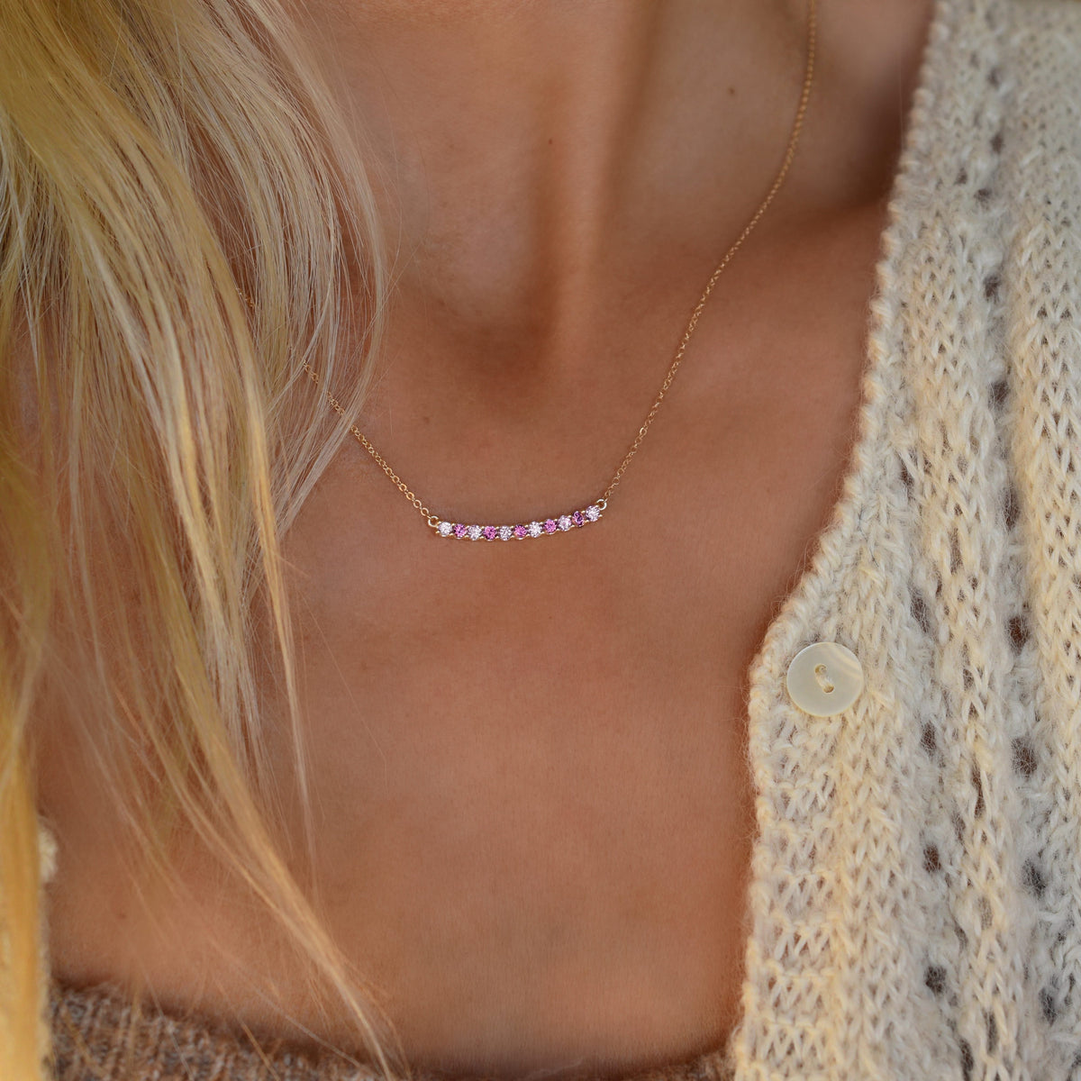 Rosecliff Diamond & Pink Sapphire Bar Necklace in 14k Gold (October)