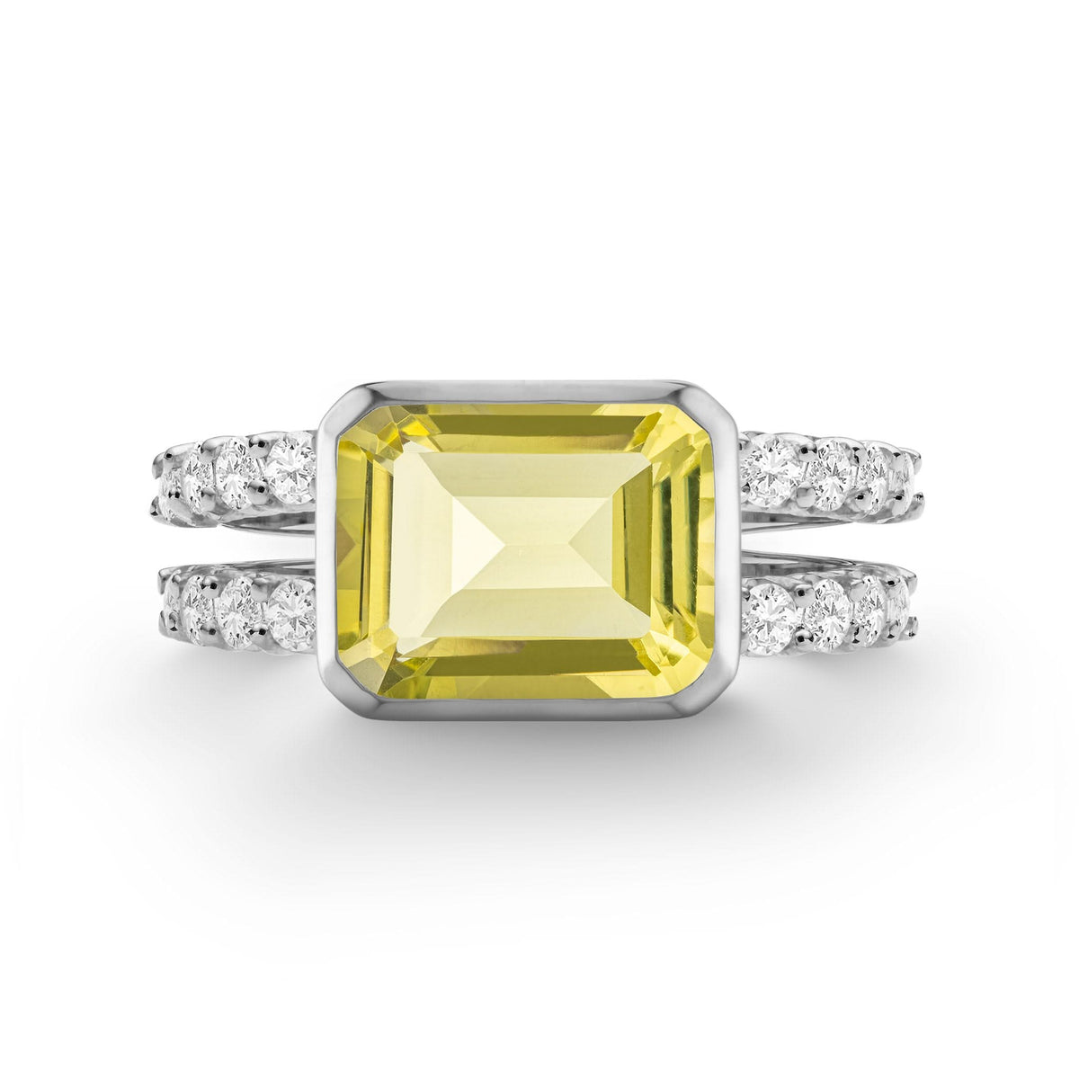 Warren Horizontal Lemon Verbena Quartz Ring with Diamonds in 14k Gold (August)