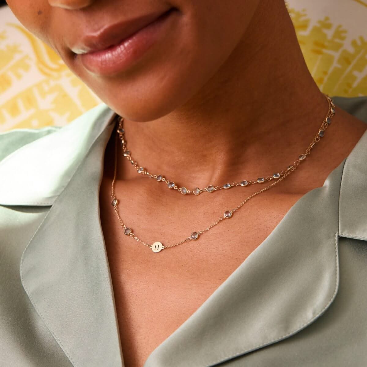 1 Letter & 4 Petite Birthstone Necklace in 14k Gold (Double Spacing)