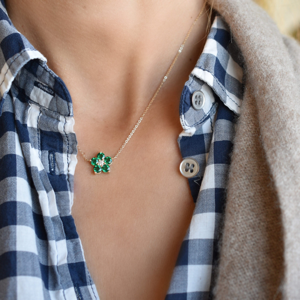 Greenwich Flower Emerald & Diamond Necklace and Earrings Set in 14k Gold (May)