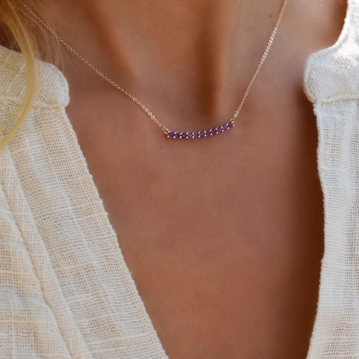 Rosecliff Amethyst Bar Necklace and Huggie Hoop Earrings Set in 14k Gold (February)