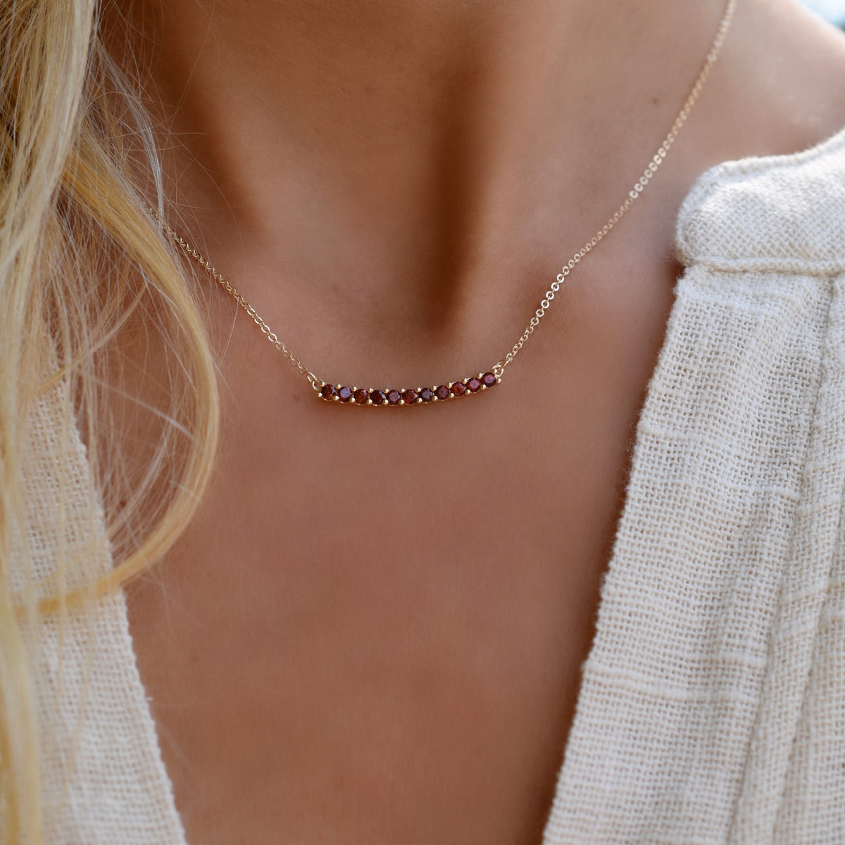 Rosecliff Garnet Bar Necklace and Huggie Hoop Earrings Set in 14k Gold (January)