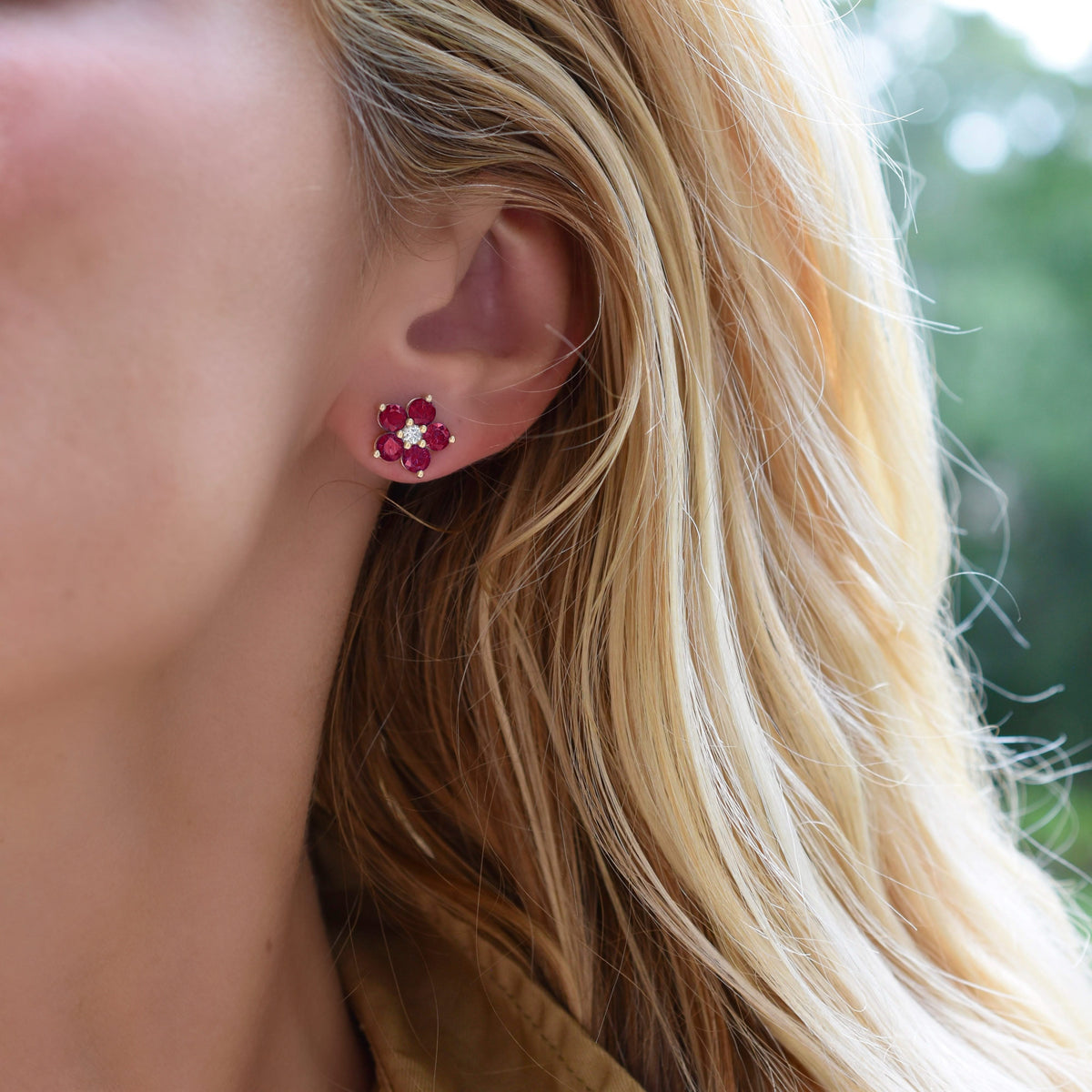 Greenwich Flower Ruby & Diamond Earrings in 14k Gold (July)
