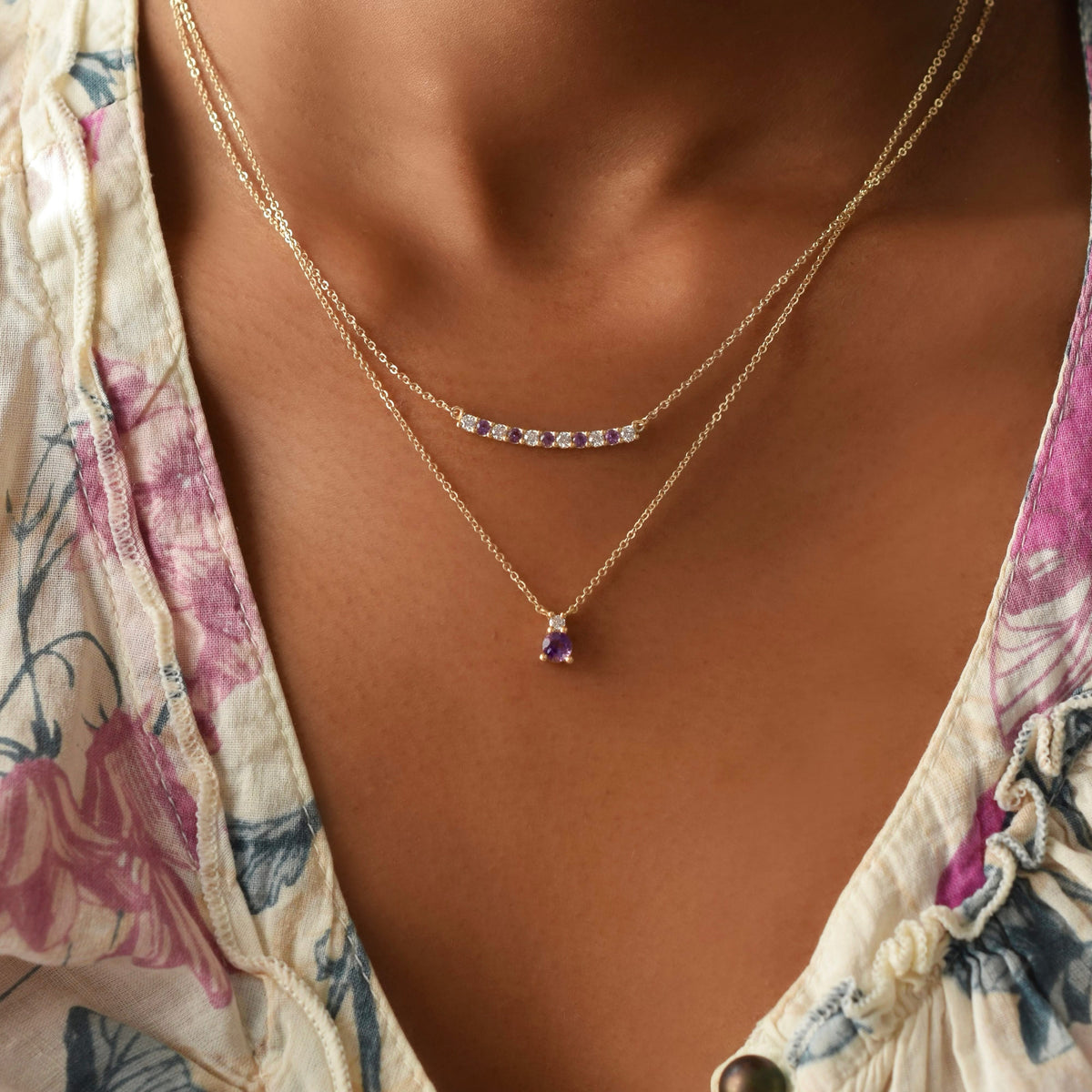 Rosecliff Diamond & Amethyst Bar Necklace in 14k Gold (February)