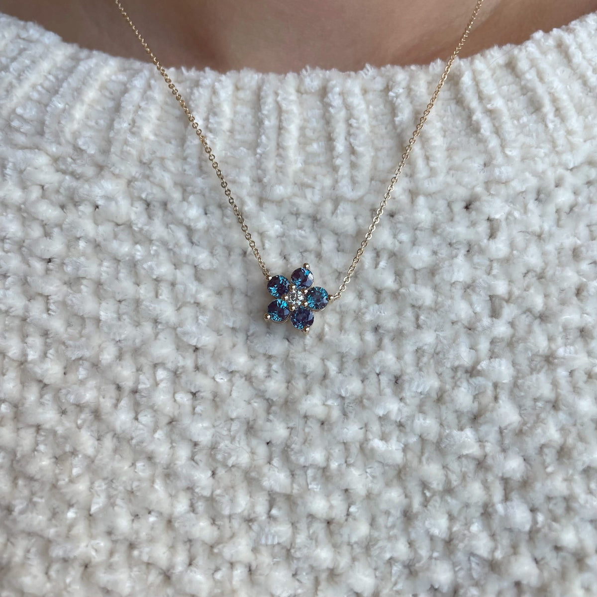 Greenwich Flower Alexandrite & Diamond Necklace in 14k Gold (June)