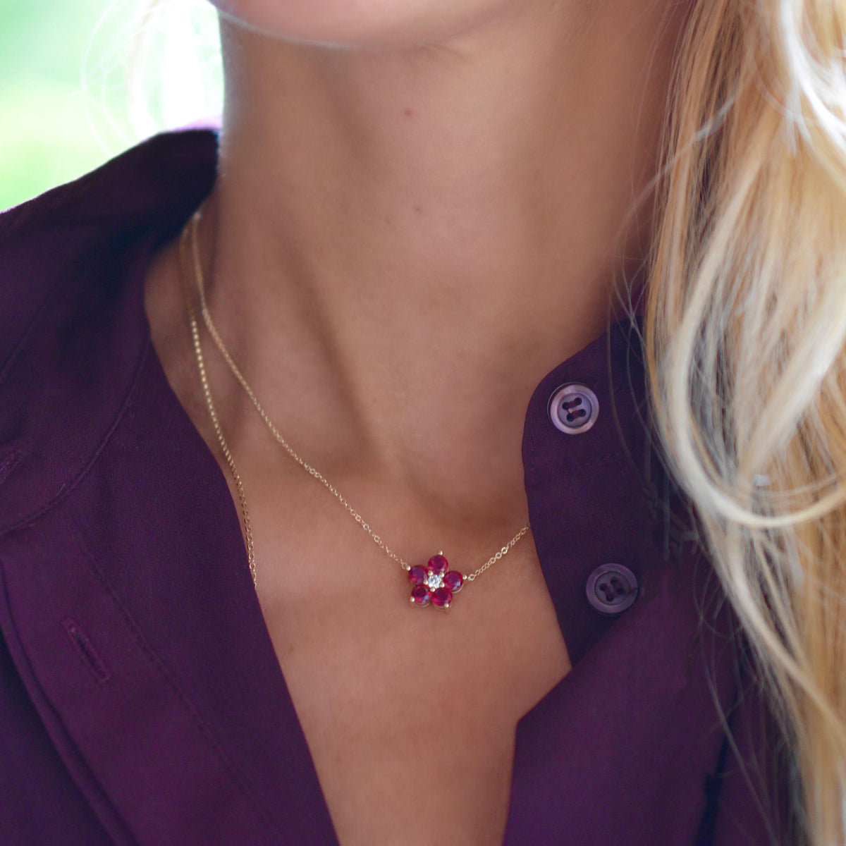 Greenwich Flower Ruby & Diamond Necklace in 14k Gold (July)