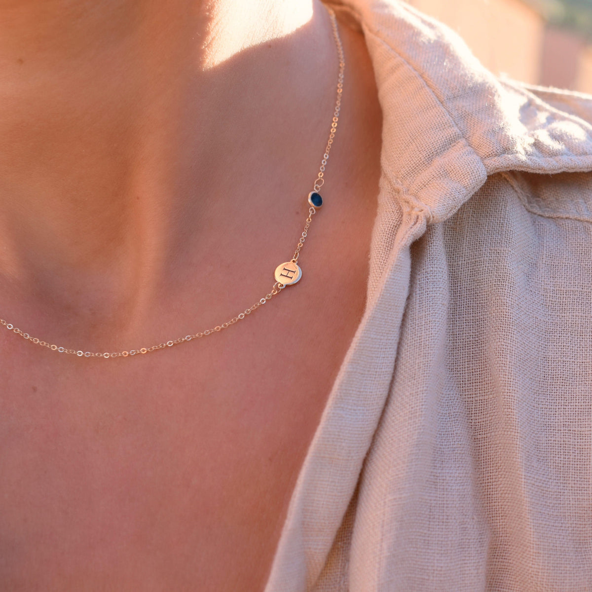 1 Letter & 1 Petite Sapphire Necklace in 14k Gold (September)