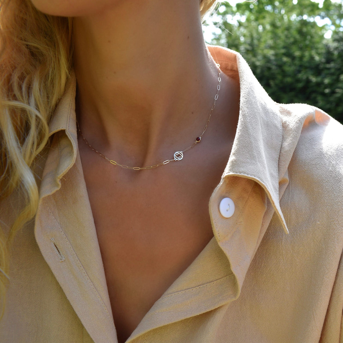 Cancer & Birthstone Necklace on Adelaide Mini in 14k Gold