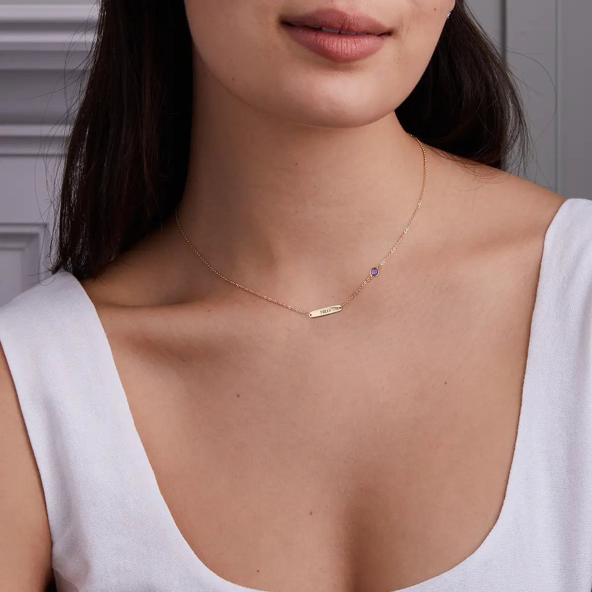 1 Nameplate & 1 Petite Amethyst Necklace in 14k Gold (February)