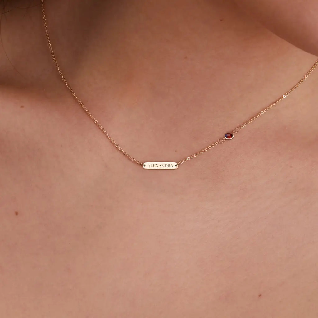 1 Nameplate & 1 Petite Garnet Necklace in 14k Gold (January)