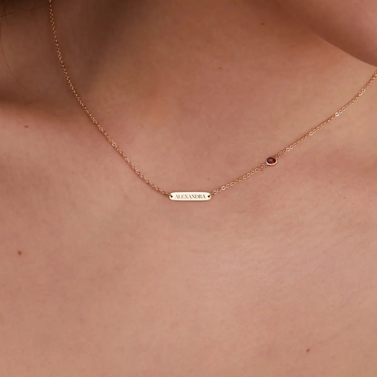 1 Nameplate & 1 Petite Garnet Necklace in 14k Gold (January)