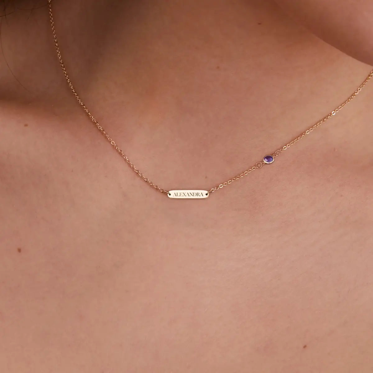 1 Nameplate & 1 Petite Amethyst Necklace in 14k Gold (February)