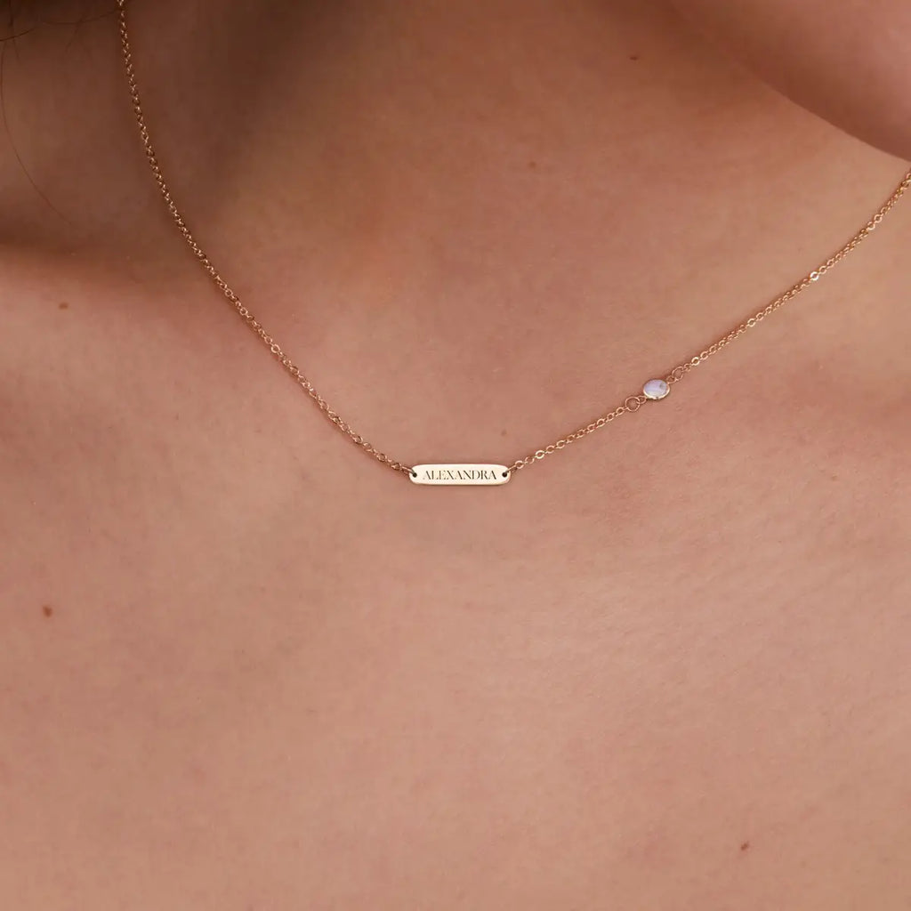 1 Nameplate & 1 Petite Moonstone Necklace in 14k Gold (June)