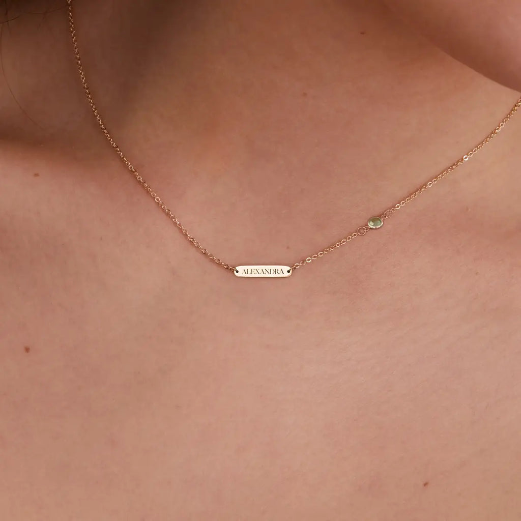 1 Nameplate & 1 Petite Peridot Necklace in 14k Gold (August)