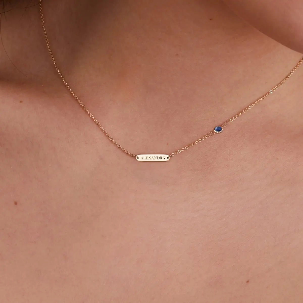 1 Nameplate & 1 Petite Sapphire Necklace in 14k Gold (September)