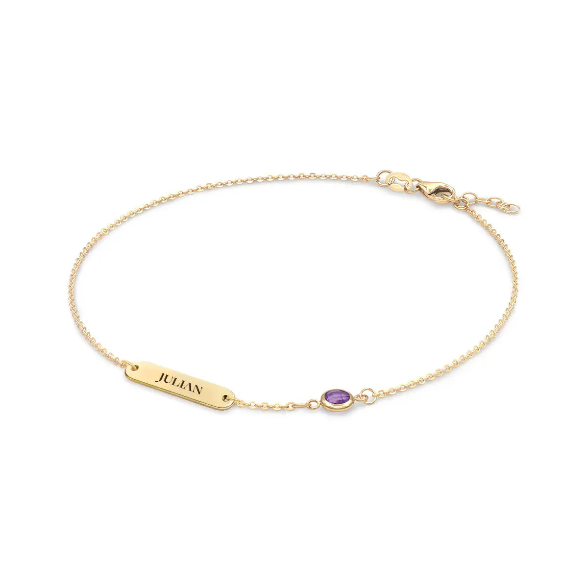 1 Nameplate & 1 Petite Amethyst Bracelet in 14k Gold (February)