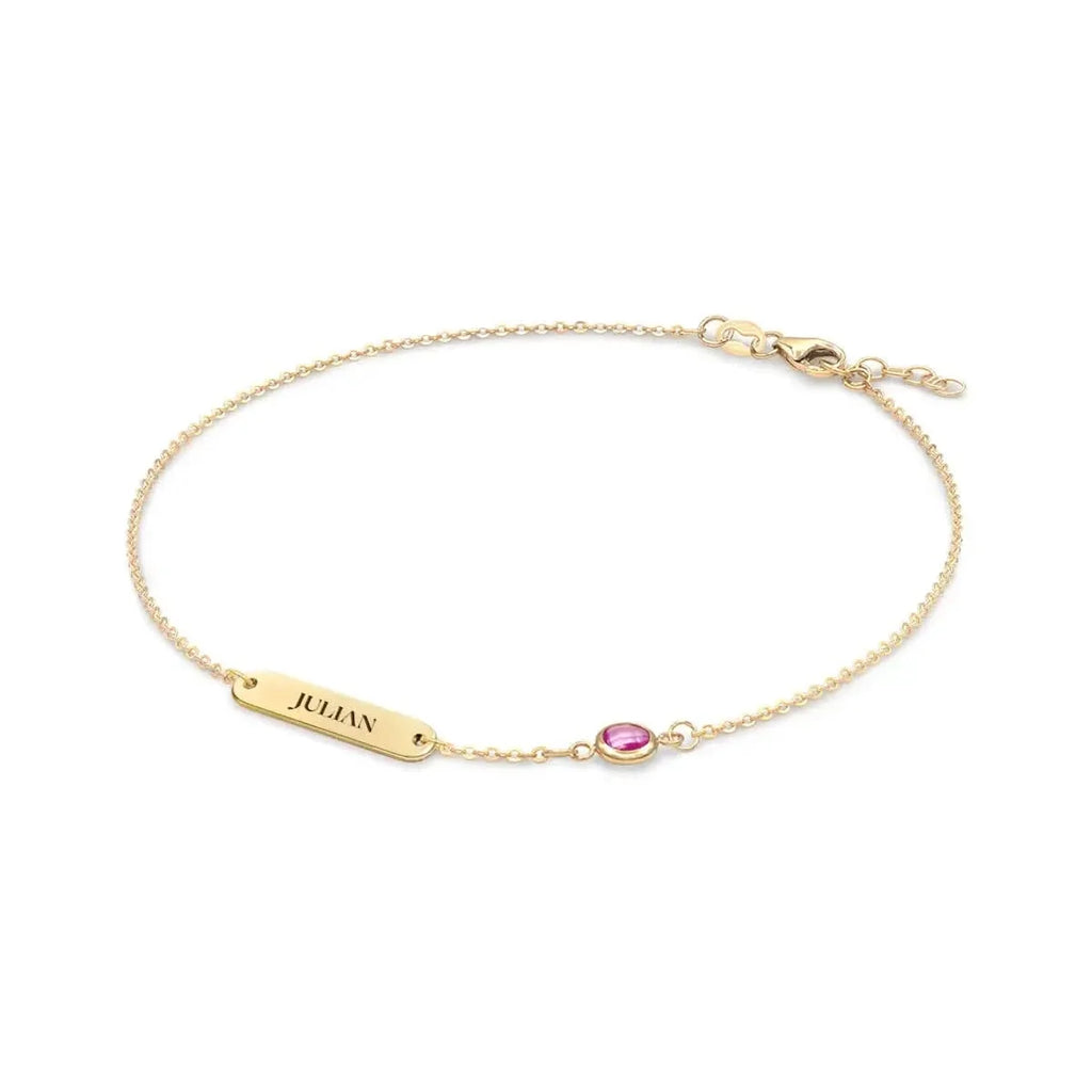 1 Nameplate & 1 Petite Pink Sapphire Bracelet in 14k Gold (October)