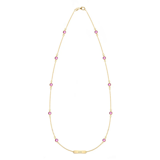 Pink Awareness LOVE & 10 Petite Pink Sapphire Necklace in 14k Gold
