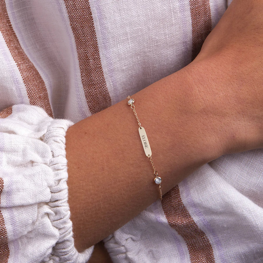 1 Nameplate & 6 Petite Aquamarine Bracelet in 14k Gold (March)