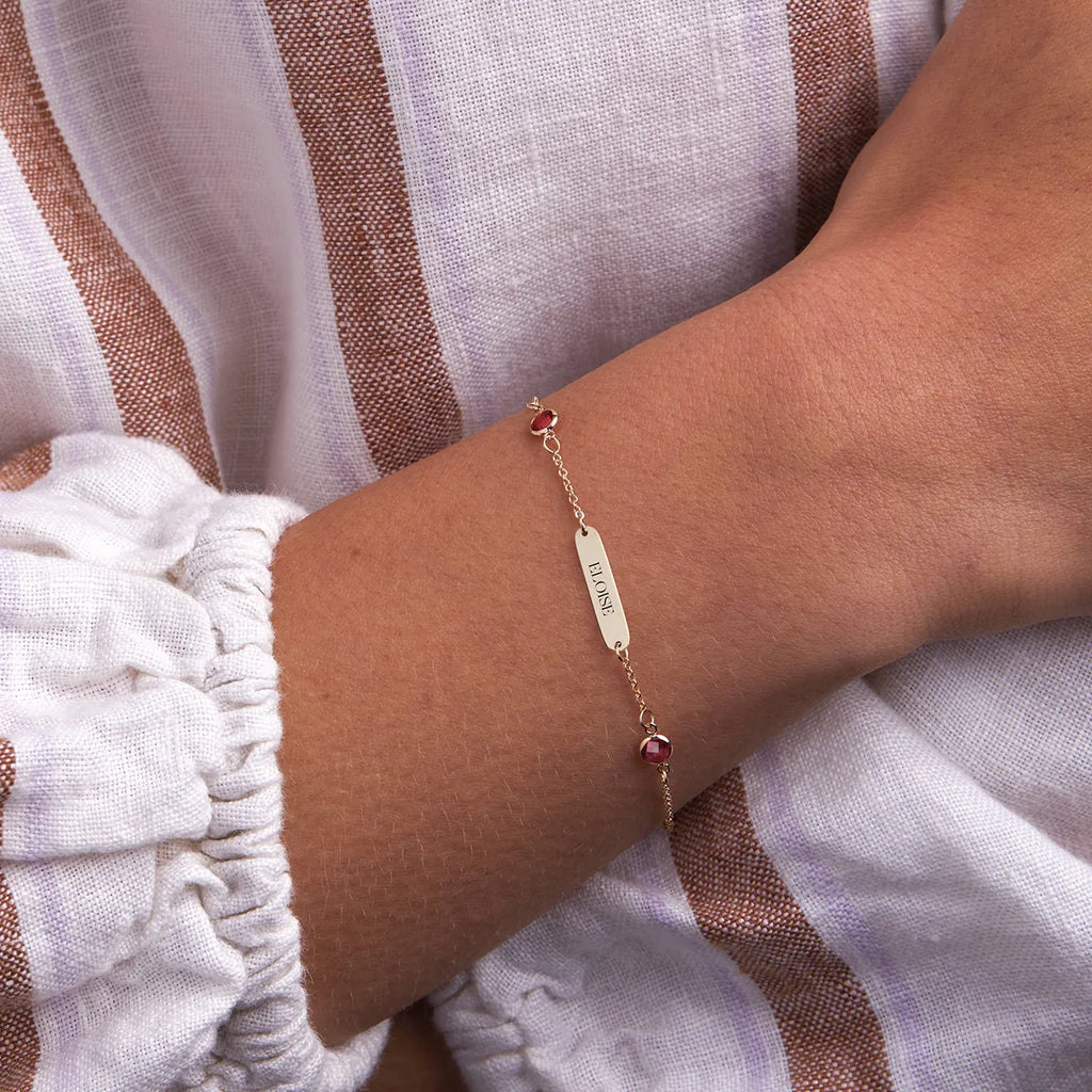 1 Nameplate & 6 Petite Ruby Bracelet in 14k Gold (July)