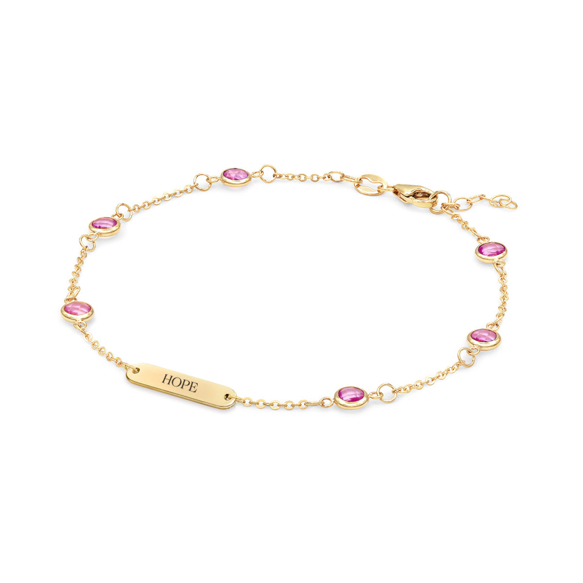 Pink Awareness HOPE & 6 Petite Pink Sapphire Bracelet in 14k Gold