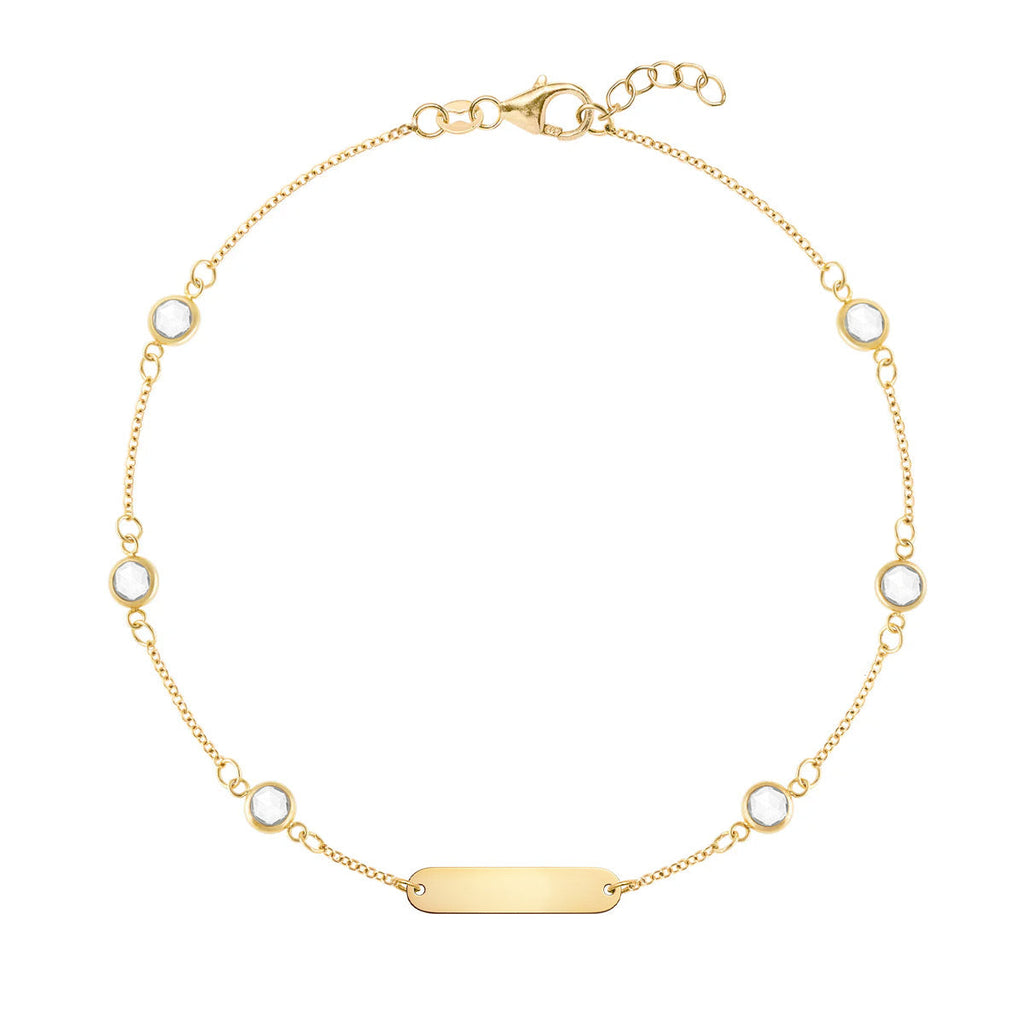 1 Nameplate & 6 Petite White Topaz Bracelet in 14k Gold (April)
