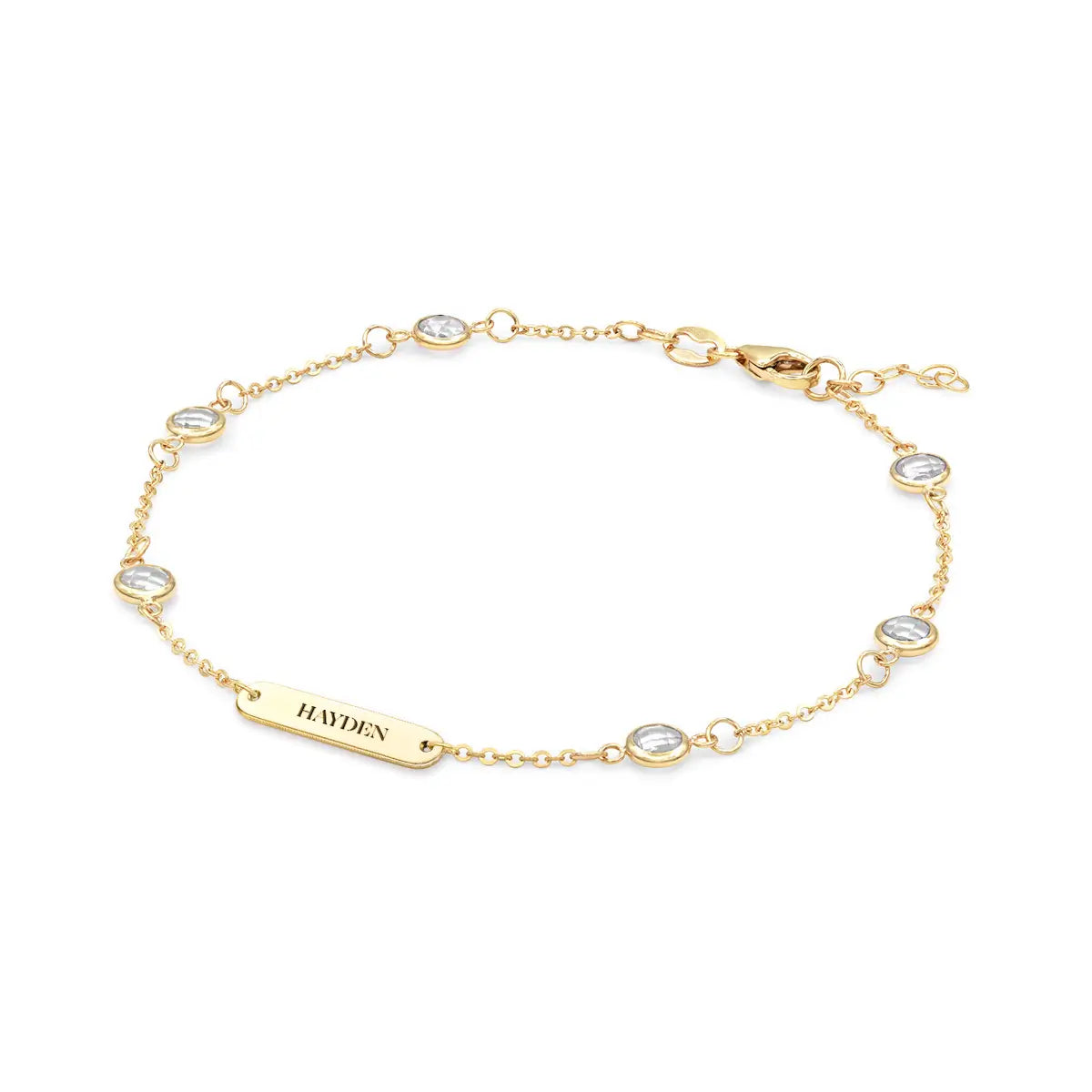 1 Nameplate & 6 Petite White Topaz Bracelet in 14k Gold (April)