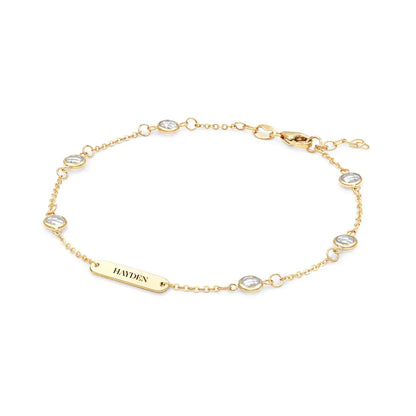 1 Nameplate & 6 Petite White Topaz Bracelet in 14k Gold (April)