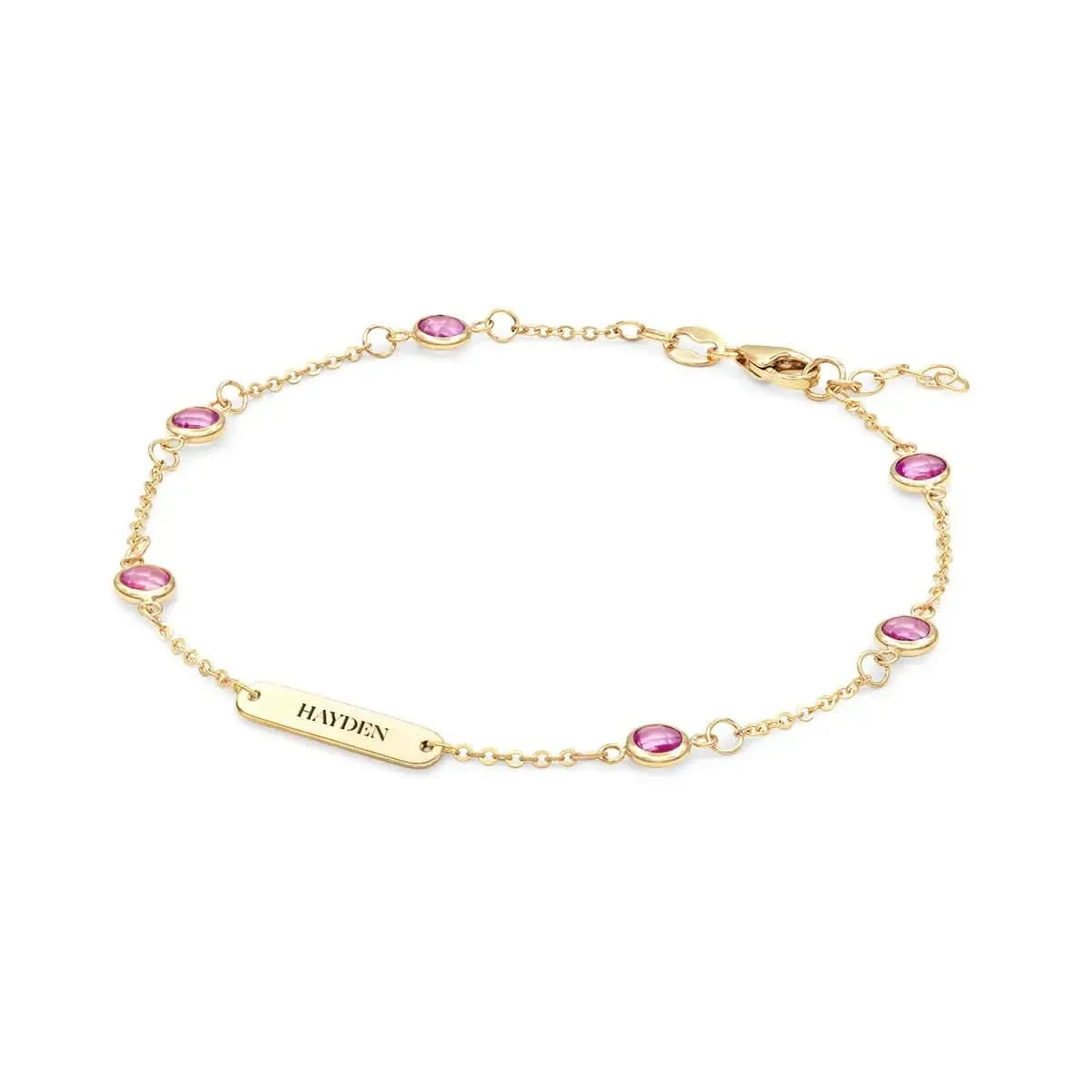 1 Nameplate & 6 Petite Pink Sapphire Bracelet in 14k Gold (October)