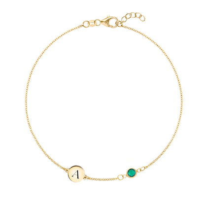 1 Letter & 1 Petite Emerald Bracelet in 14k Gold (May)