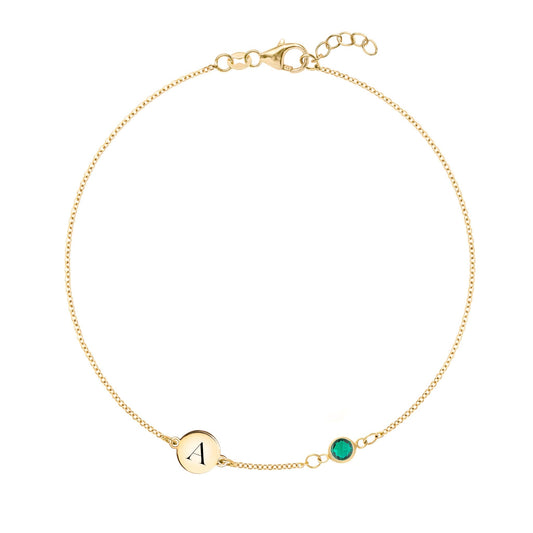 1 Letter & 1 Petite Emerald Bracelet in 14k Gold (May)