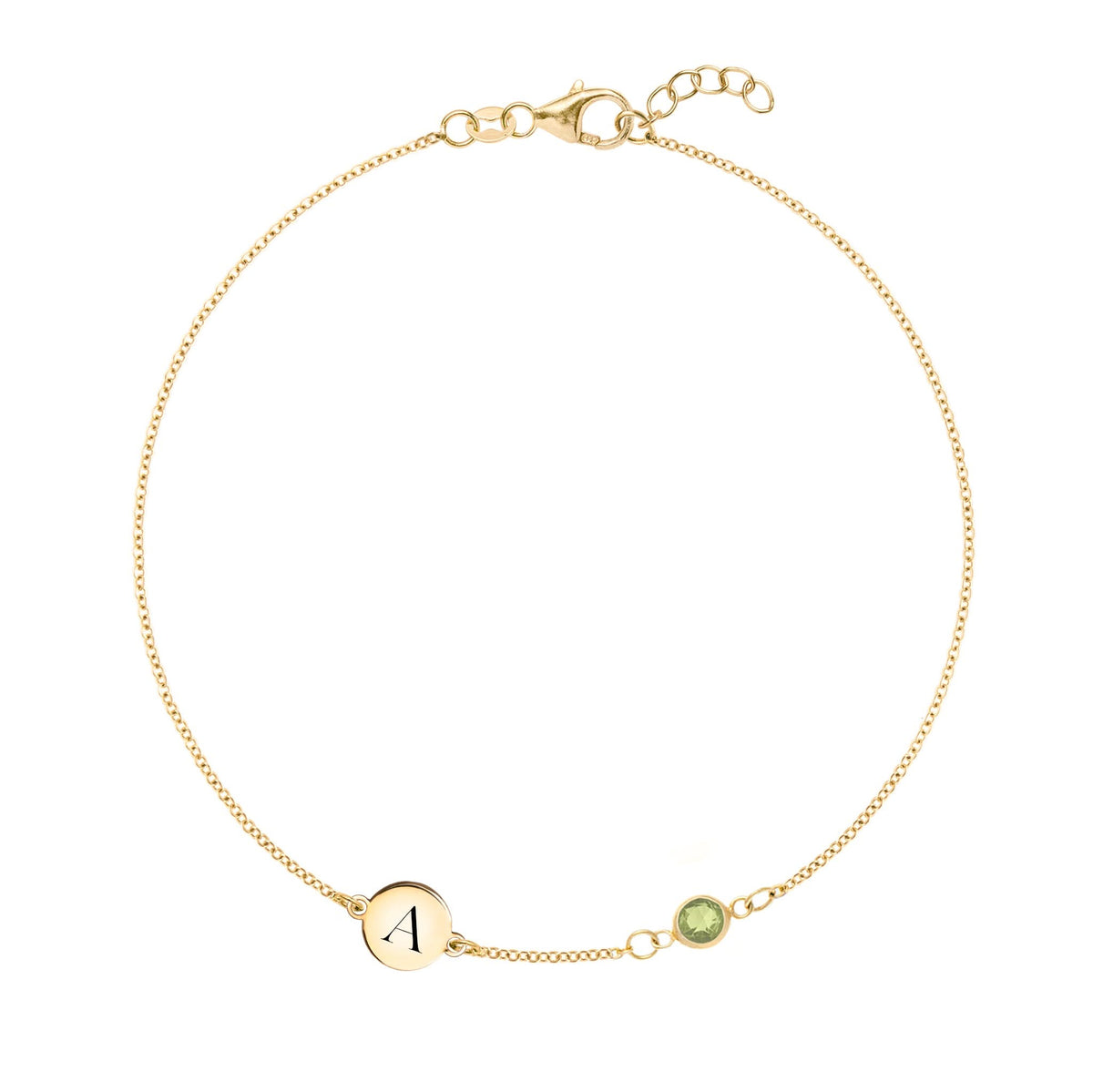 1 Letter & 1 Petite Peridot Bracelet in 14k Gold (August)
