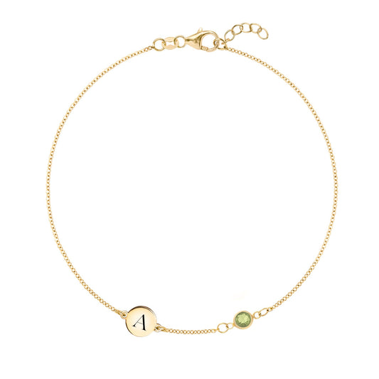 1 Letter & 1 Petite Peridot Bracelet in 14k Gold (August)