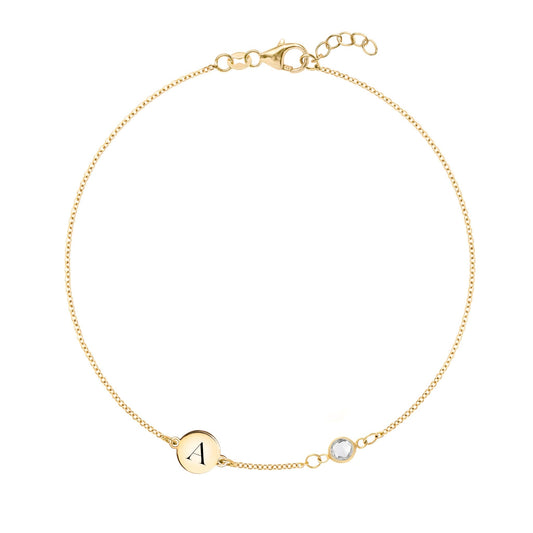 1 Letter & 1 Petite White Topaz Bracelet in 14k Gold (April)