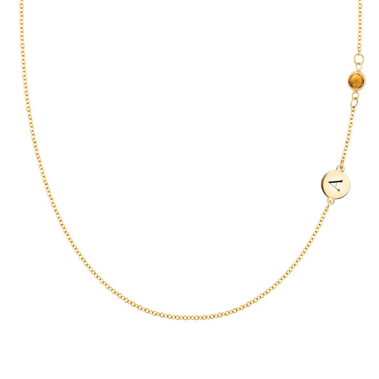 1 Letter & 1 Petite Citrine Necklace in 14k Gold (November)