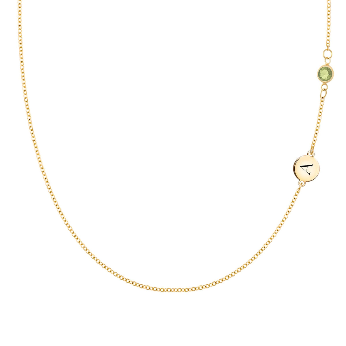 1 Letter & 1 Petite Peridot Necklace in 14k Gold (August)