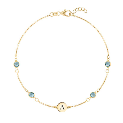 1 Letter & 4 Petite Nantucket Blue Topaz Bracelet in 14k Gold (December)
