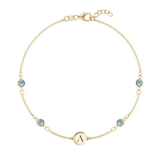 1 Letter & 4 Petite Nantucket Blue Topaz Bracelet in 14k Gold (December)
