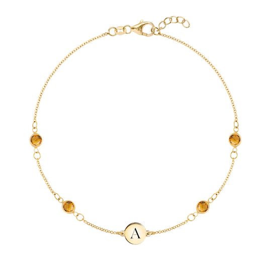 1 Letter & 4 Petite Citrine Bracelet in 14k Gold (November)