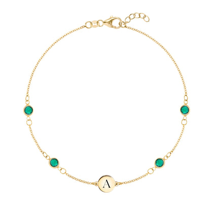 1 Letter & 4 Petite Emerald Bracelet in 14k Gold (May)