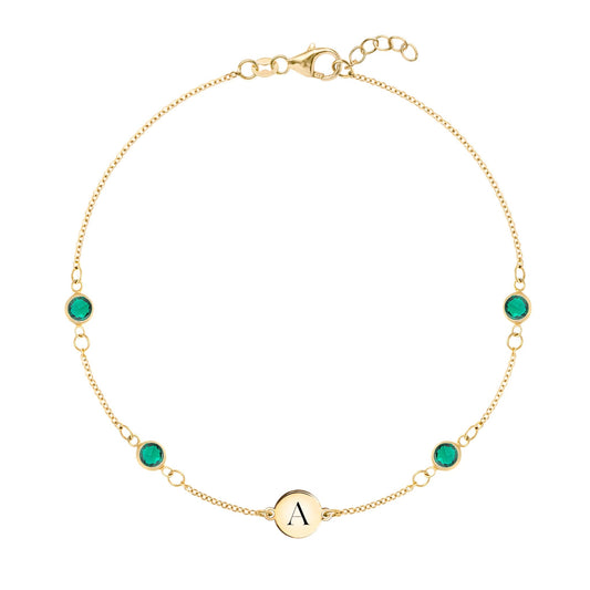 1 Letter & 4 Petite Emerald Bracelet in 14k Gold (May)
