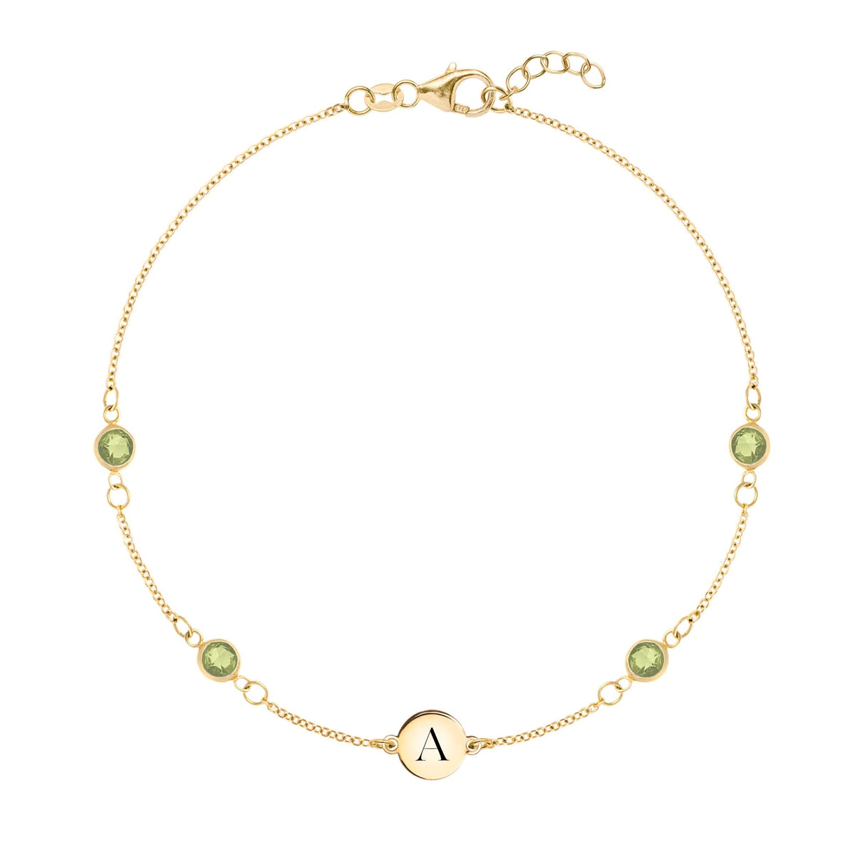 1 Letter & 4 Petite Peridot Bracelet in 14k Gold (August)